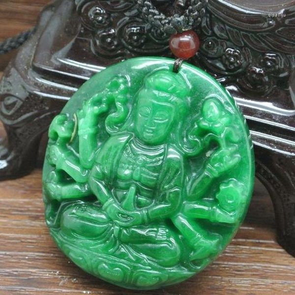 Colares com Pingente Jade Verdadeiro Esculpido à Mão Verde Esmeralda Guanyin Jadeíta de Mil Mãos Colar Pingentes Homens