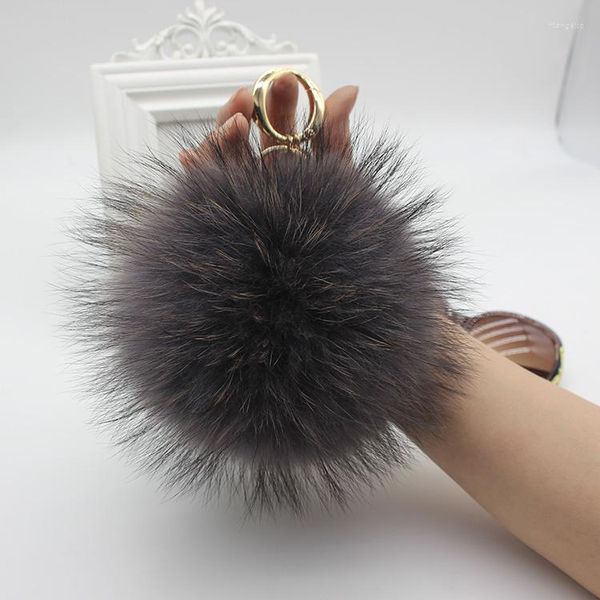 Chaveiros de luxo 15cm fofo bola de pele real pompons pompom guaxinim chaveiro carro chaveiro anel de metal pingente para mulheres