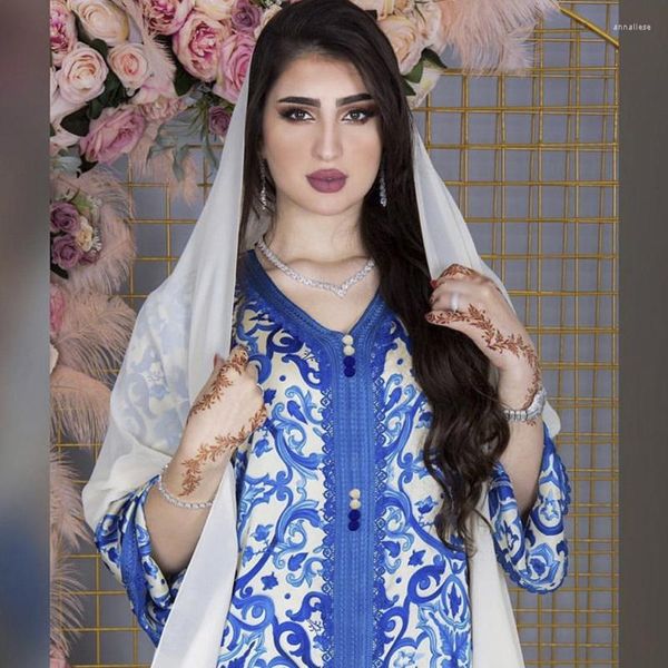 Ethnische Kleidung Mode Internet Sensation Muslimisches Kleid für Frauen Blauer Druck Jalabiya Dubai Oman Arabisch V-Ausschnitt Langarm Islamisch