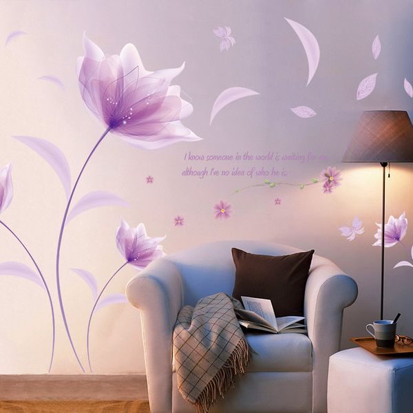 Romântico flores roxas adesivo de parede amor sala de estar quarto para decoração de casa arte decalques fundo adesivos papel de parede decoração
