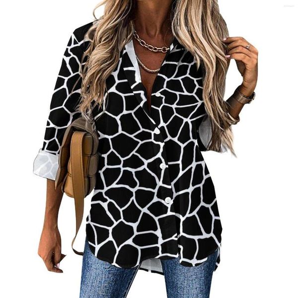 Blusas Femininas com Estampa de Girafa Blusa Solta Preto e Branco Moda Animal Oversized Mulher Manga Longa Camisa Bonita Roupa Estampada Verão