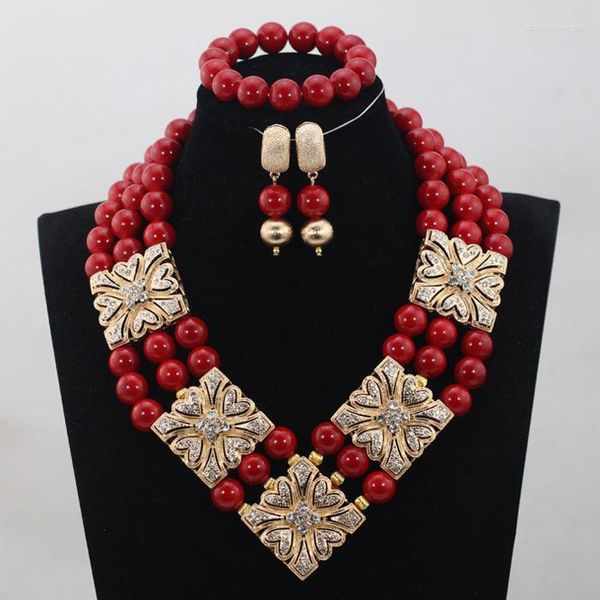 Colar Brincos Conjunto Casamento Africano Noiva 2023 Design de Luxo Vinho Coral Vermelho Feminino ABH185