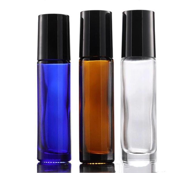 Rotolo di vetro spesso all'ingrosso da 10 ml su bottiglie Bottiglie di profumo a sfera vuote trasparenti blu ambrato con coperchi neri Spedizione gratuita