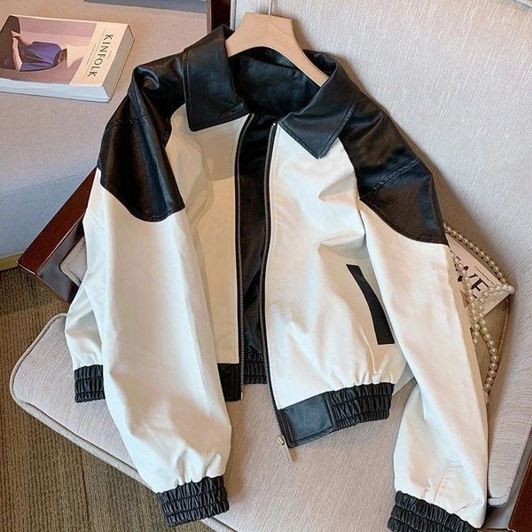 Damenjacken Koreanische Schwarz Weiß Patchwork Lederjacke Frauen 2023 Frühling Herbst Mode Vintage Bomber Oberbekleidung Beiläufige Kurze Mäntel