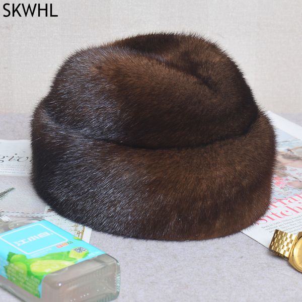 Шапка из шапочки череп мужчина изготовленная шляпа Mink Fash Fashion Men's Real Cap Winter Tape Top Headgear Beanie Beret Natural для 230615
