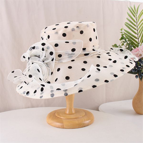 Breite Krempe Hüte Eimer Hüte Blume Polka Dot Organza Hut mit großer Krempe Damen Derby Tea Party Hochzeit Kopfbedeckung Hut Damen Elegante Kappe 230615