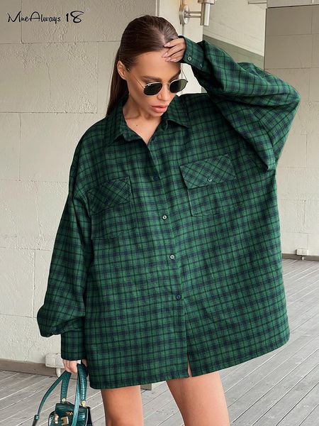 Saias Mnealways18 Verde Shacket Camisa Oversize Ombros Caídos Blusas Xadrez Street Style Bolsos Duplos Top Casual Solto 2023 230616