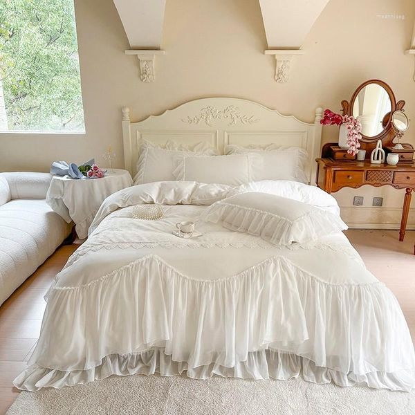 Conjunto de roupa de cama com babados em cascata conjunto de capa de edredom de algodão 4/6 peças branco chique chique casamento princesa com saia de cama fronha