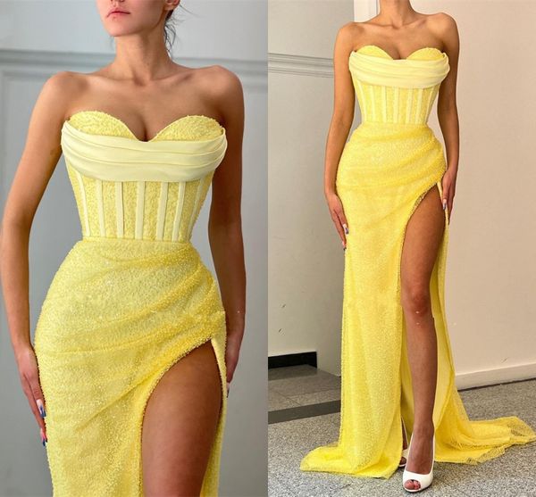 2023 Sexy Yellow Women Evening Formal Dresses Sparkling Beading Strapless Sequined Prom Pageant Vestidos Celebridade Estilo Robe De Soirée