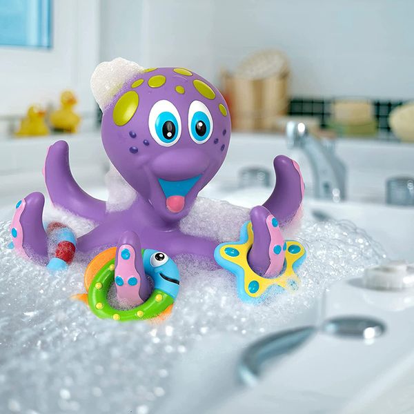 Brinquedos de banho Octopus Brinquedo de banho infantil com 5 anéis Hoopla Flutuante Roxo Borracha macia Brinquedo interativo Educação infantil Brinquedo de banho infantil 230615