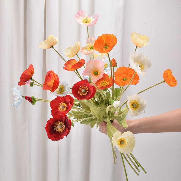 Nova simulação de 4 cabeças papoulas decoração de casamento flores artificiais de papoula ornamentos de decoração de casa de casamento flores de seda flores falsas