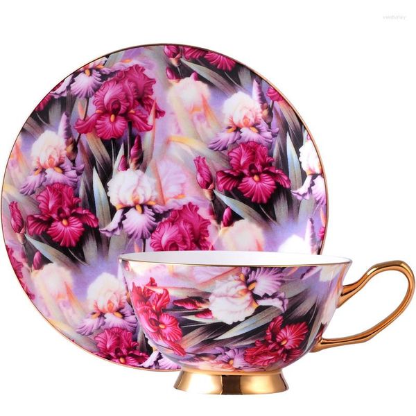 Xícaras Pires Europeu Criativo Highgrade Purple Bone China Xícara de Café e Pires Caneca com Aro Dourado Britânico Chá da Tarde Utensílios para Bebidas