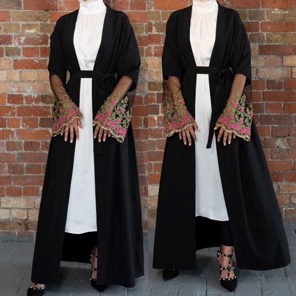 Ethnische Kleidung Dubai-Stil Mesh-Stickerei Muslim Abaya Strickjacke Arabische Frauen Hochzeit Party Kaftan Wrap Langes Kleid Islamische Ramadan Robe