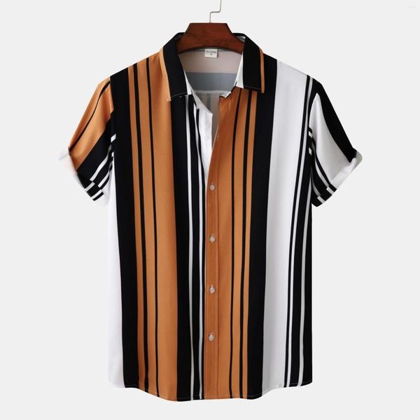 Camisas casuais masculinas 2023 camisa listrada havaiana masculina streetwear gola virada para baixo botão manga curta lazer vintage luxo S-2XL