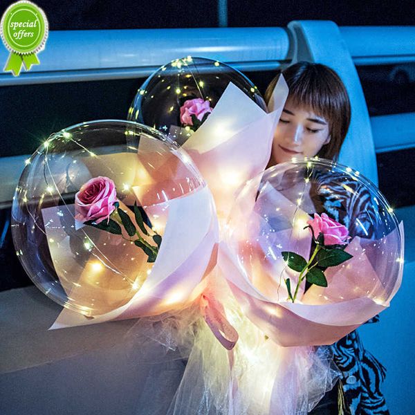 Nova Luz Led Diy com Balões de Flores Rosas Decoração de Aniversário Bolas Transparentes Dia dos Namorados Led Balão Luminoso Buquê de Rosas