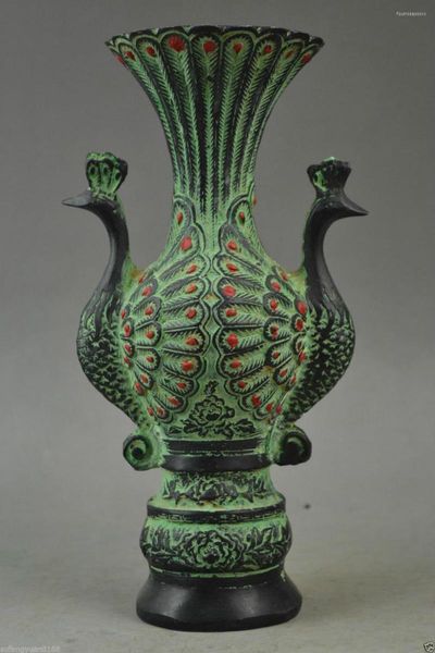 Vasen, altes verziertes Schnitzpaar, verheißungsvoller Pfau, seltene edle Vase, Kupfer, Handwerkswerkzeuge, Hochzeitsdekoration, Messing, echte Bronze
