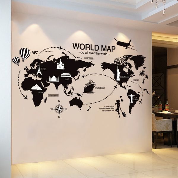 New Black World Map Wall Decor Sticker Home Decor Wall Art Facile da applicare e rimovibile SCI88