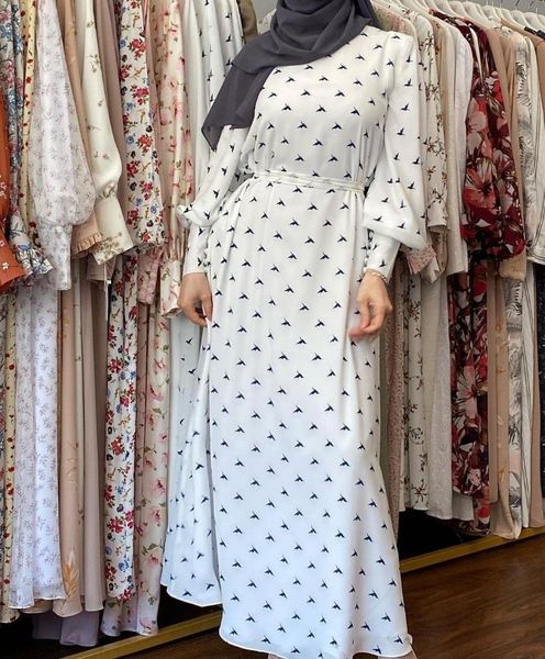 Abbigliamento etnico Stampa manica lunga Abito musulmano Donna Caftano bianco Maxi Abaya Dubai Caftano Marocain Abiti da sera Djellaba Femme