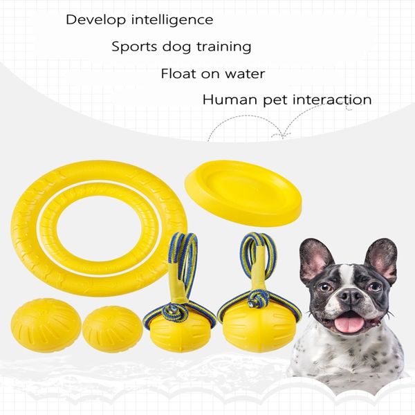 Divertente giocattolo giallo per animali domestici Addestramento di cani Giocattoli galleggianti Pet Ball Bite Pull Ring Dischi volanti Giocattoli interattivi per cani resistenti al morso di schiuma