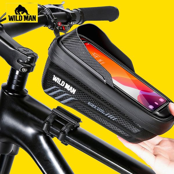 Borse laterali WILD MAN Borsa da bici 2L Frame Front Tube Borsa da ciclismo Bicicletta Porta cellulare impermeabile 7 pollici Accessori borsa touch screen 230616