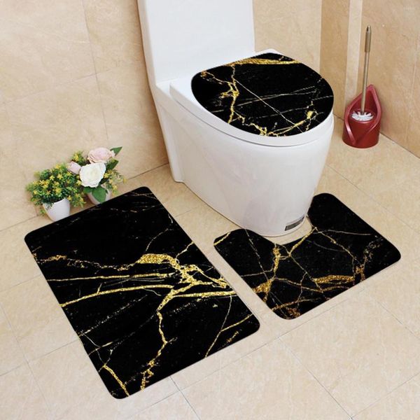 Tappeti 3 pezzi Tappeto da bagno Set Tappetino da doccia assorbente antiscivolo Marmo nero e oro Tappeto da bagno a forma di U Tappetino da bagno rettangolare