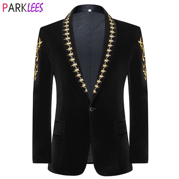 Abiti da uomo Blazer Luxury Gold Baroque Floral Ricamo Blazer in velluto Giacca da uomo Collo a scialle Blazer con un bottone Blazer Wedding Dinner Party Tuxedo 230616