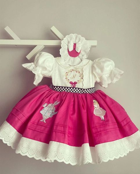 Платья девушки 0-12Y Baby Girl Summer Pink Alice Emelcodery Turkish Vintage Lolita Princess Ball Hown для дня рождения праздничный повседневный Eid 230615