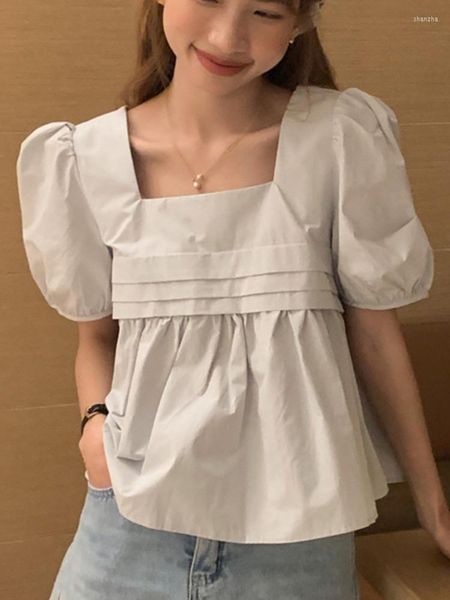 Damenblusen Frauen Korean Plissee Spliced Solid Shirt Square Neck Back Lace-up Puff Sleeve Bluse Top 2023 Sommer Flut Blusas Tops Y281