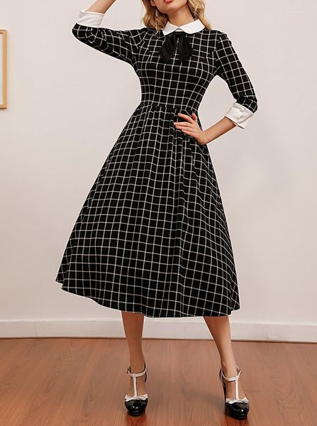 Casual Kleider Elegante Damen Vestido Frühling Herbst Frauen Mode Langarm Schwarz Weiß Plaid Gedruckt Vintage Retro 50er Jahre EINE Linie party Kleid