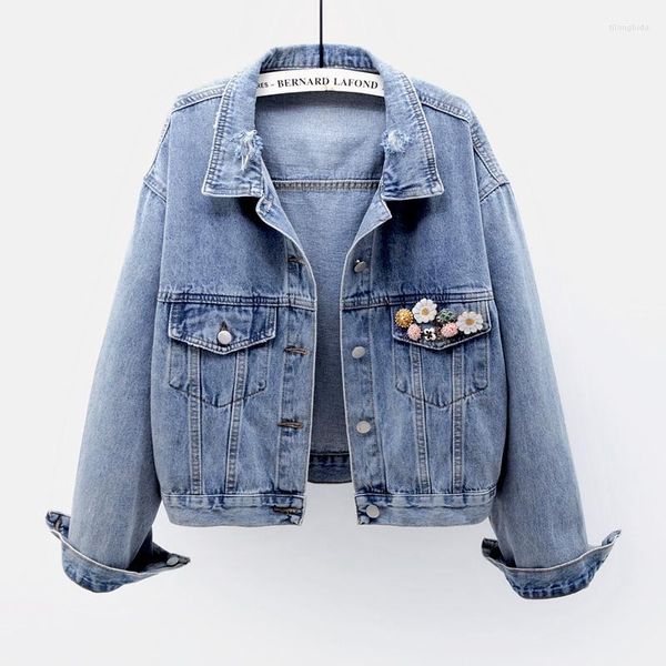 Jaquetas Femininas Handwork Appliques Denim Jaqueta Casaco Feminino Casaco Solto Chaqueta Mujer 2023 Outono Coreano Vintage Curto Jeans Feminino