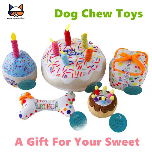 Brinquedos para mastigar para festa de aniversário Brinquedos de pelúcia para cachorros de pelúcia em forma de bolo Brinquedos para mastigar interativos para animais de estimação com velas