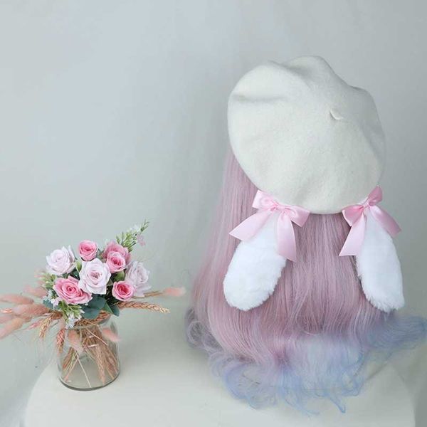 Berretti Elegante Lolita Bowknot Berretto Vintage Pittore Cappello Carino Orecchie di coniglio Beanie Cappello Copricapo Caldo per attività all'aperto fredde Z0616