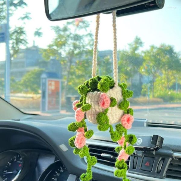 Fiori decorativi Piante all'uncinetto Cesto appeso a vite Regalo fatto a mano artificiale per la sua stanza Decorazione della parete della casa Accessori per l'ornamento dello specchio dell'auto