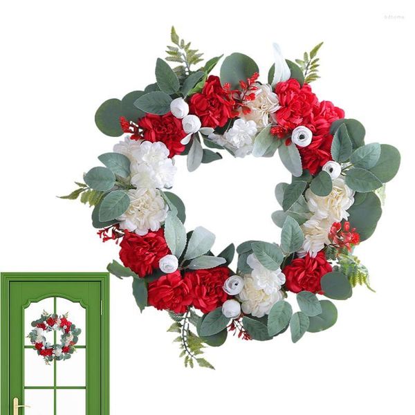 Flores decorativas primavera verão guirlanda artificial porta guirlanda artesanato diy vermelho branco hortênsia folha decoração para fazenda frente