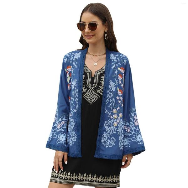 Blusas Femininas Eaeovni Bohemian Cardigan Bordado Mexicano Tradicional Floral Casual Top Solto Camisa Leve Manga Longa