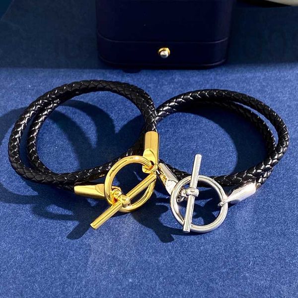 Catena di design di lusso di alta qualità Bracciale a 2 strati Argento color oro Tessuto Naso di maiale Fibbia Doppio anello Corda a mano in pelle Gioielli moda donna CIZY