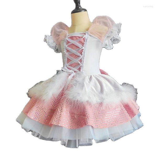 Vestuário de palco rosa roupas de salão com lantejoulas balé tutu criança vestido flor para meninas vestidos de festa dança