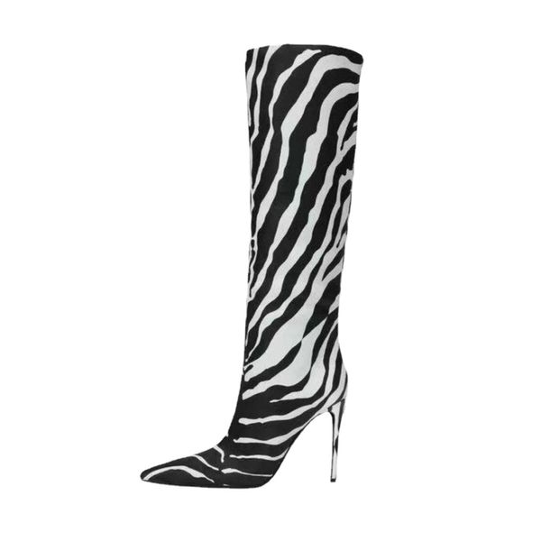 Nuove donne Zebra Stivali sopra il ginocchio a righe bianche nere 2023 Copriscarpe a punta primavera Tacchi alti sottili Moda elasticizzata Slip on Shoes