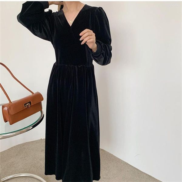 Sıradan Elbiseler Plamtee Siyah Elastik A-Line Kadınlar Uzun Elbise Partisi V Yastık Moda 2023 Ofis Sokak Giyseni Oldu Ole Elegant Vestidos