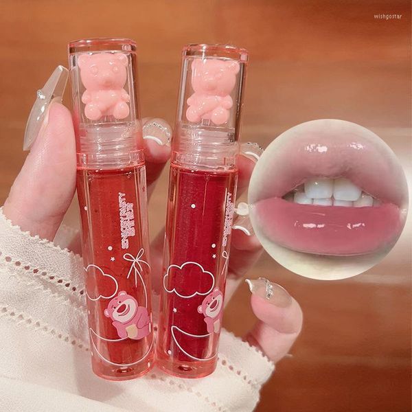 Brilho labial Cute Bear Clear Glaze Peach Pink Milk Jelly Mirror Batom líquido à prova d'água Velvet Nude Red Tint Cheek Rouge Cosméticos