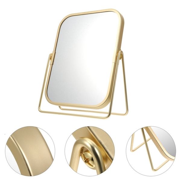 Kompaktspiegel, Schminkspiegel mit Metallständer, 360 Grad drehbar, Tischplatte, luxuriös, mattgolden, doppelseitig, 230615