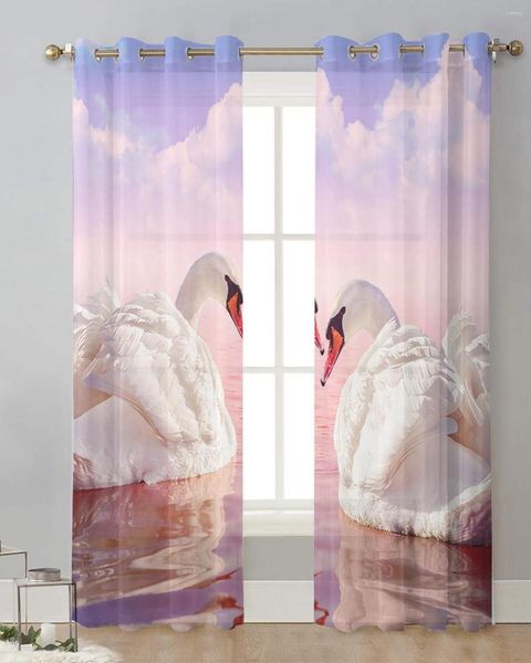 Cortina Branco Lago dos Cisnes Nuvens Brilho Roxo Tule Sala de Estar Impressa Janela Transparente Luxo Casa Decoração Varanda Cortinas Voile