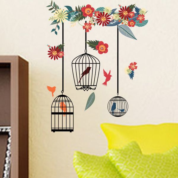 Adesivi murali a gabbia per uccelli con fiori colorati per soggiorno, camera da letto, decorazione della casa, decalcomanie da muro, grandi murales, poster in PVC