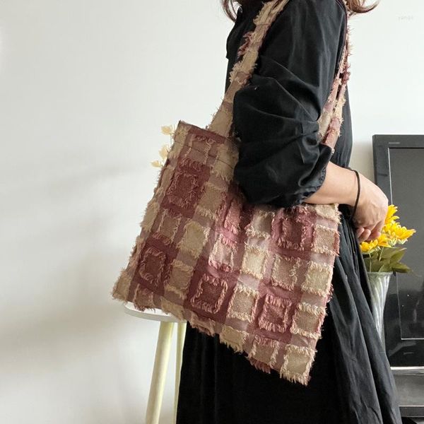 Sacos de noite Hylhexyr vintage roxo café tassel bolsa de ombro bolsa fio tingido tecido xadrez fino compras para menina mulher