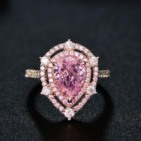 Gota de água 3ct rosa safira anel de diamante 100% real 925 prata esterlina noivado aliança de casamento anéis para mulheres e homens joias finas