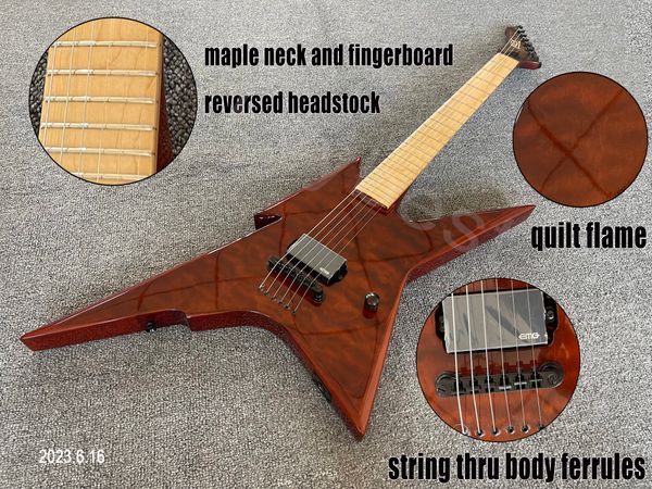 Guitarra Elétrica Red See Thru Wood Grain Quilt Flame Top Maple Braço e escala O Inlay Peças pretas String Thru Body Virolas