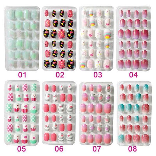 Acquista Suggerimenti Unghie Finte Caramelle Premere Sui Bambini Cartoon Full Cover Kid Glue Self Fake Nail Art Manicure Ragazze