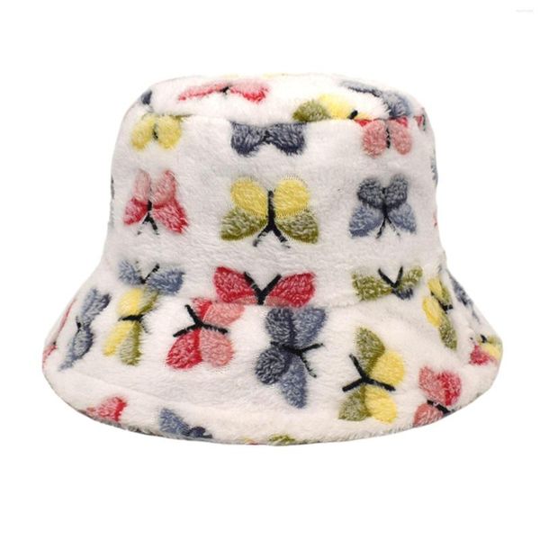 Berretti Versione coreana del cappello da pescatore caldo invernale alla moda Ladies Butterfly Print Flowerpot Gadget di calcio su Internet retrò