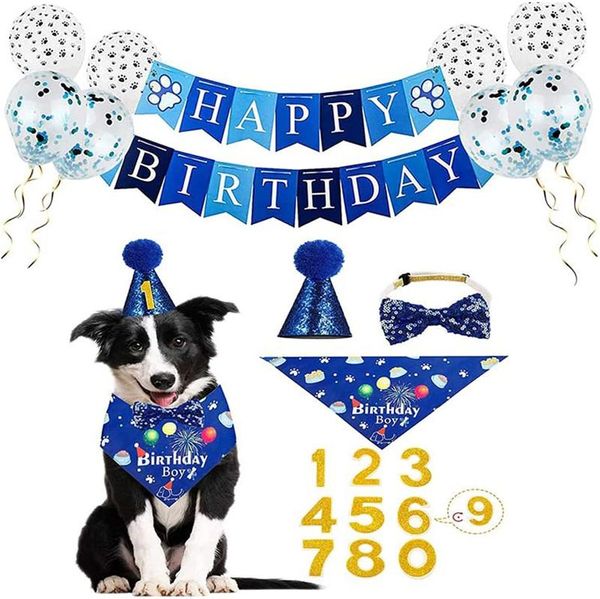Artigos para festa de aniversário para cachorro com banner chapéu balões gola babador para decoração de cachorro de estimação menino