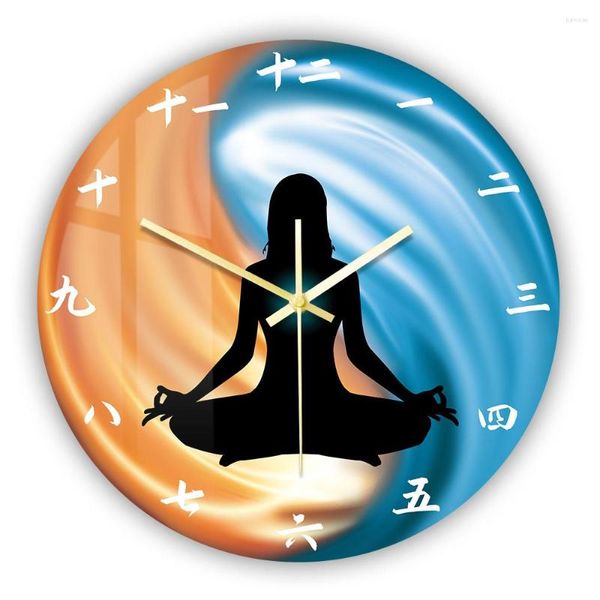 Orologi da parete Fuoco rosso e blu Yin Yang Simbolo Arte Zen Orologio Madre Natura Yoga Mediazione Posizione del loto Quarzo silenzioso per studio